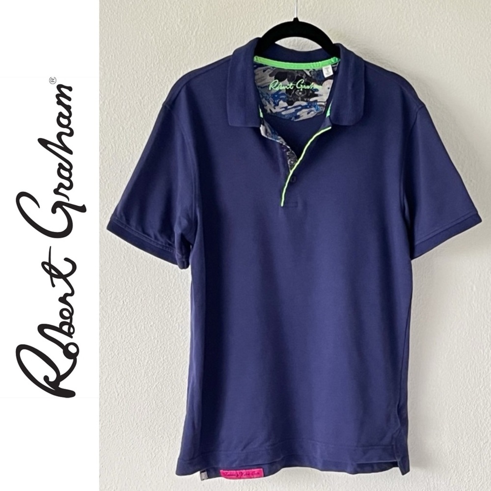 Robert Graham Polo Knit Shirt Mens Flip Collar Blue Classic Fit Size Small